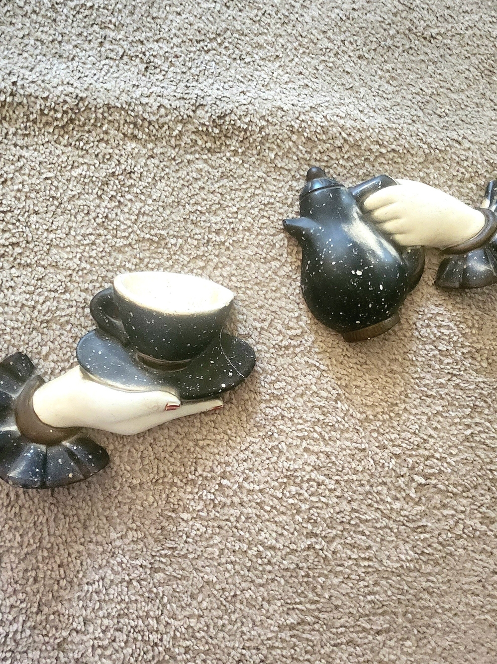 1950s Chalkware Handheld Teapot and Teacup Wall Decor - Black and Cream